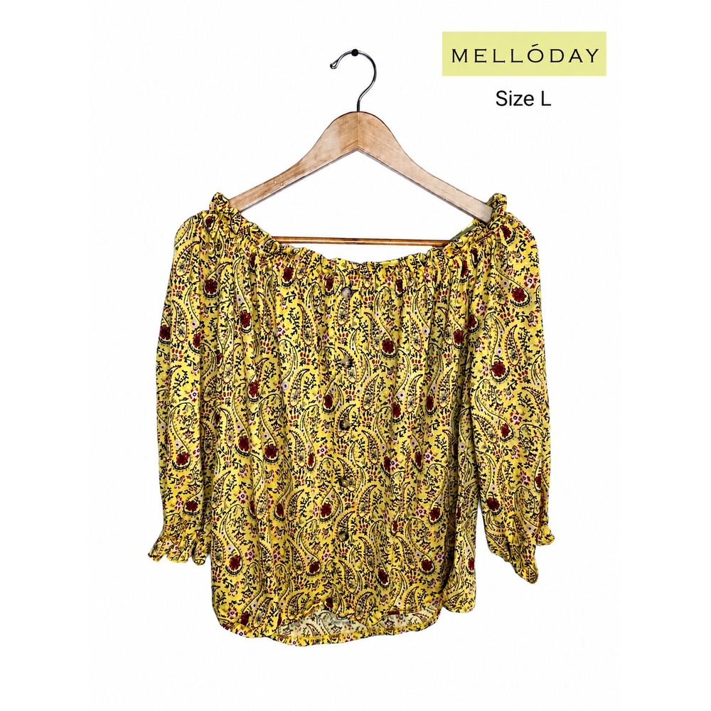 Melloday Off Shoulder Boho Peasant Top Yellow Paisley Floral Blouse Women's L